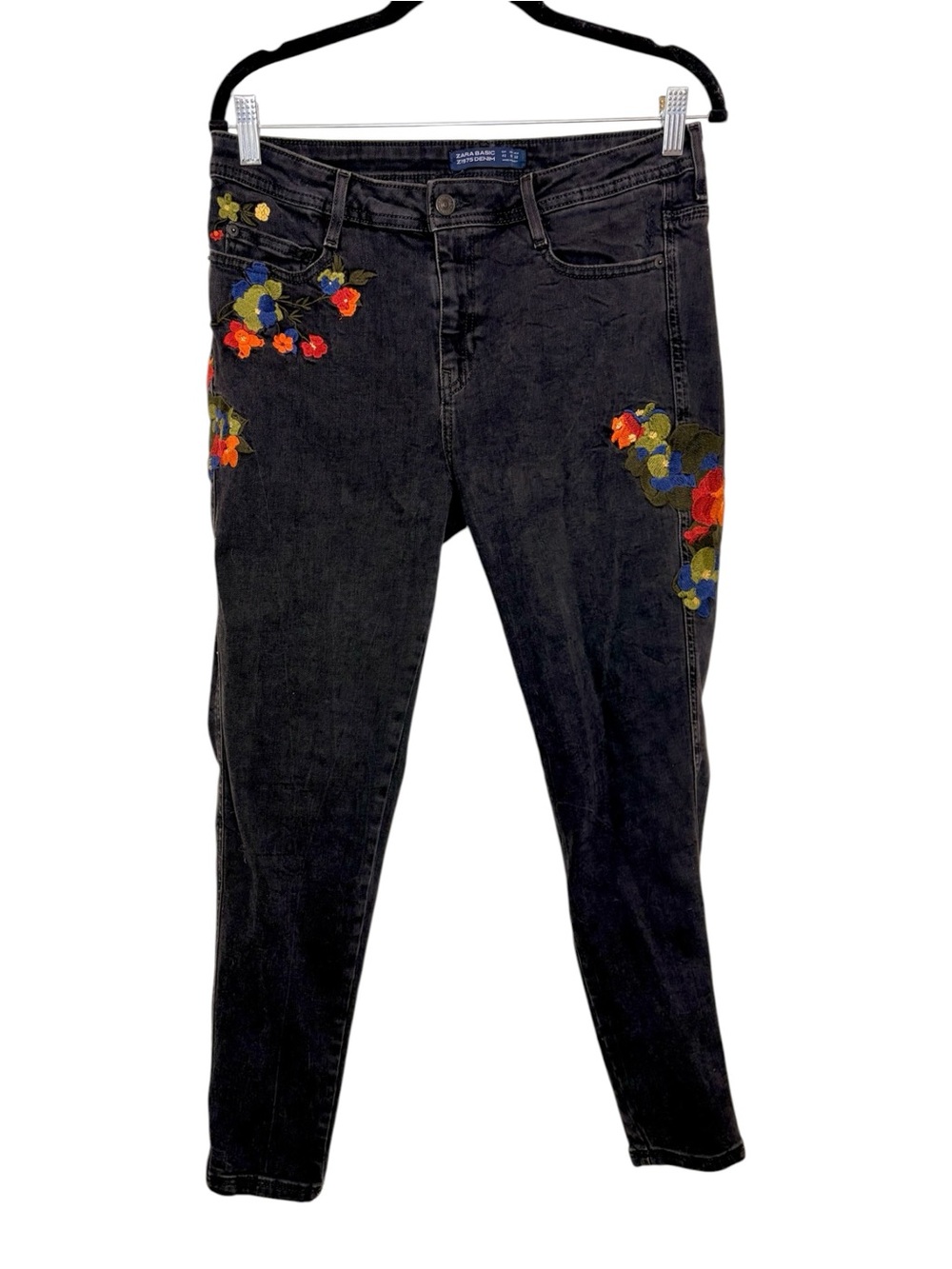 Zara Floral Embroidered Black Skinny Jeans Boho Festival Ankle Size 10